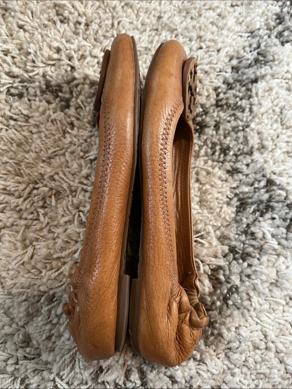 TORY BURCH Cognac Leather Logo Ballet Flats